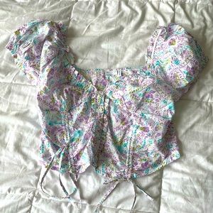 NWOT ASOS White and Purple Floral Corset Puff Sleeve Crop Top